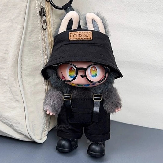 Labubu 1-3 Gen "High Energy Ahead" Outfit Set Open Black Hat + Leather Strap Overalls + Shoes Labubu 3.0 Doll Dress-Up Clothes